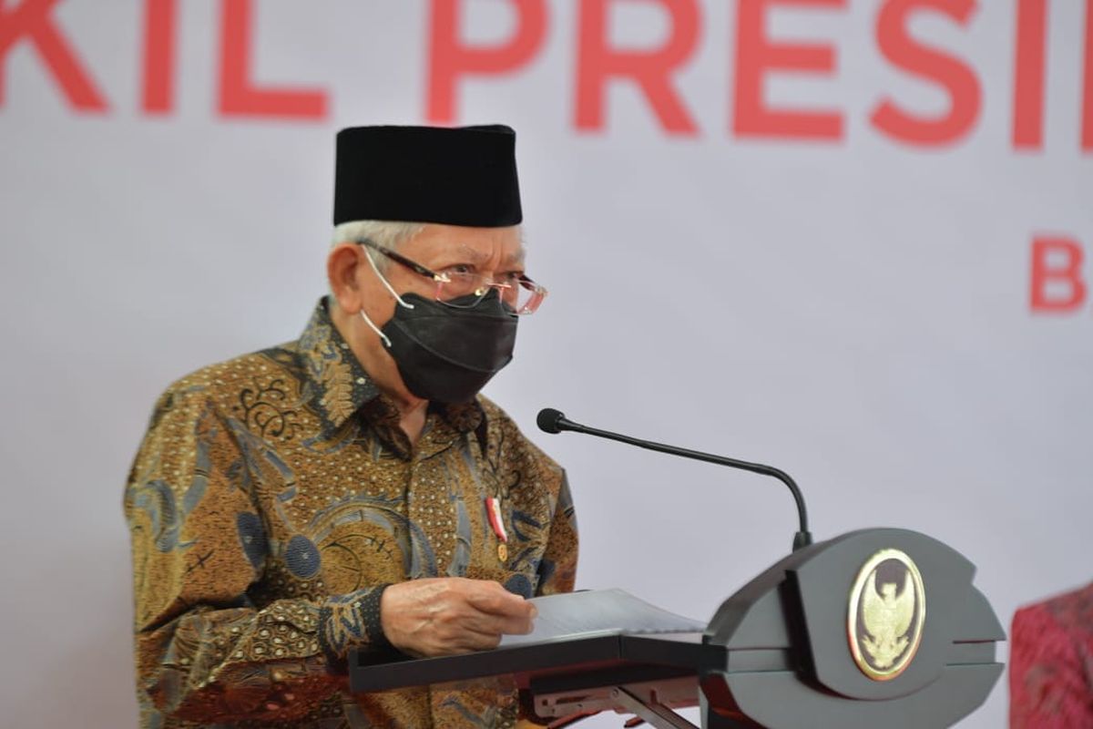 Wakil Presiden Ma'ruf Amin saat meresmikan Sentra Kreasi Atensi di Bekasi, Jawa Barat, Kamis (18/2/2021).