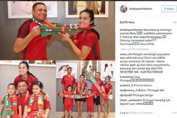 Krisdayanti bersama anak-anak dan suaminya, Raul Lemos, mendukung tim nasional Portugal dalam ajang Piala Eropa 2016.