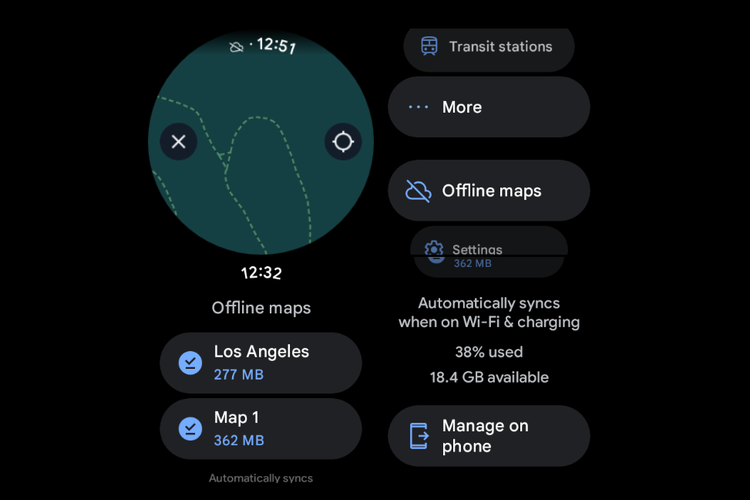 Ilustrasi fitur Offline Maps di Google Maps yang ada di smartwatch WearOS.