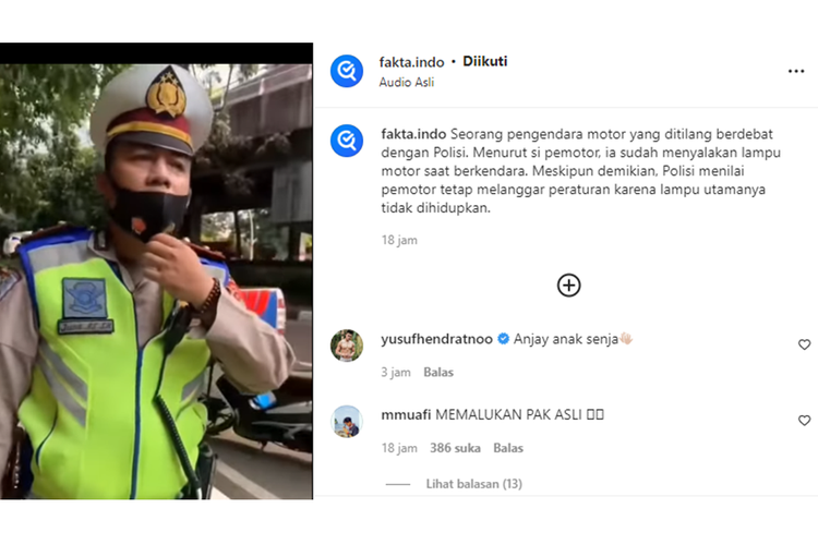 Tangkapan layar video bernarasi pengendara motor ditilang polisi karena dianggap tidak menghidupkan lampu utama.