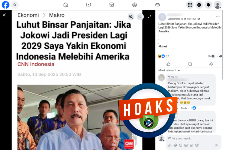 Tangkapan layar konten hoaks di sebuah akun Facebook, Senin (15/9/2025), mencatut pernyataan Luhut soal ekonomi Indonesia melebihi AS jika Jokowi menjadi presiden pada 2029.