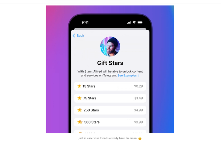 Pengguna kini bisa memberikan Telegram Stars untuk kontak atau teman.