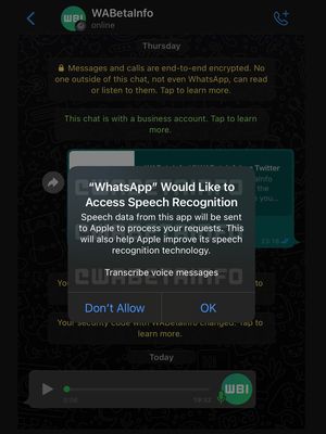 Jendela perizinan akses ke speech recognition untuk mentranskripsi voice note di WhatsApp.