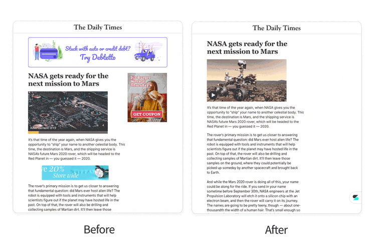 Tampilan situs berita (kiri) dengan berbagai iklan. Tampilan situs berita (kiri) tanpa iklan yang bisa dinikmati pengguna berlangganan Scroll. 