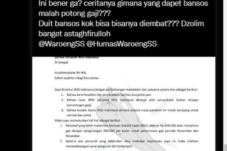 Tangkapan layar twit soal Waroeng Spesial Sambal (WSS) Indonesia disebut potong gaji sebesar Rp 300.000 bagi karyawannya yang mendapatkan Bantuan Subsidi Upah (BSU).