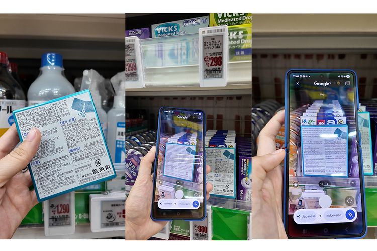 Ilustrasi fitur Gemini yang terintegrasi dengan Samsung Galaxy Z Flip 7 dan sedang digunakan untuk menerjemahkan produk obat-obatan di Jepang dengan huruf kanji yang rumit, kompleks, dan padat informasi