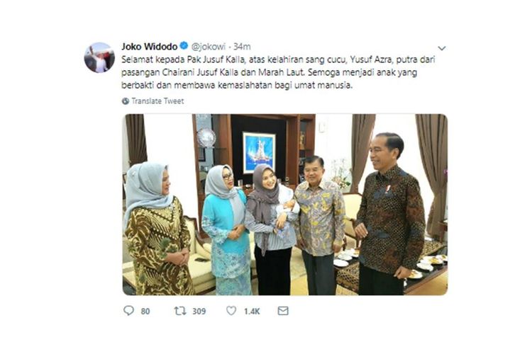 Presiden Jokowi menengok cucu Wapres Jusuf Kalla yang baru lahir, Rabu (6/2/2019).