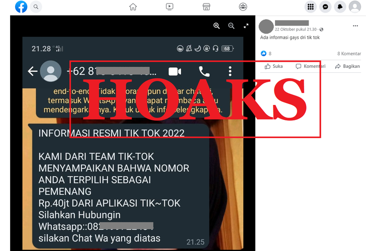 Tangkapan layar unggahan dengan narasi hoaks di sebuah akun Facebook, Sabtu (22/10/2022), soal pesan berisi penawaran hadiah Rp 40 juta dari TikTok.