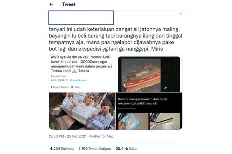 Tangkapan layar unggahan tentang paket berbau KPOP yang dibobol