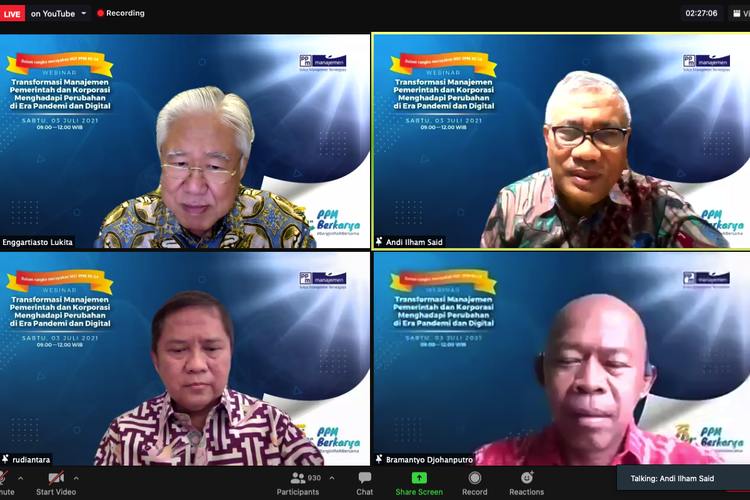 Webinar nasional Transformasi Manajemen Pemerintah dan Korporasi Menghadapi Perubahan di Era Pandemi dan Digital? yang diadakan PPM Manajemen pada Sabtu, 3 Juli 2021.