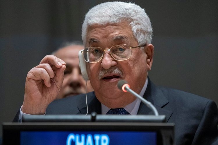 Presiden Palestina Mahmoud Abbas berpidato dalam pertemuan Kelompok 77 dan China di New York, AS, Selasa (15/1/2019).