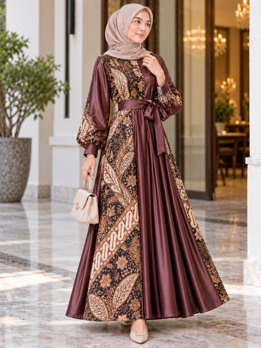 Gamis Batik Kombinasi Satin, Cocok untuk Acara Spesial.