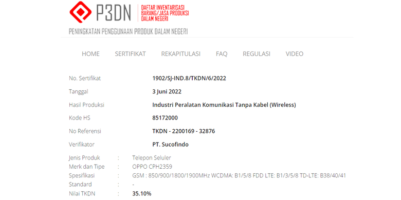 Ponsel bernomor model Oppo CPH2359 yang diyakini sebagai Oppo Reno8 5G, lolos TKDN dengan nilai 35,1 persen.