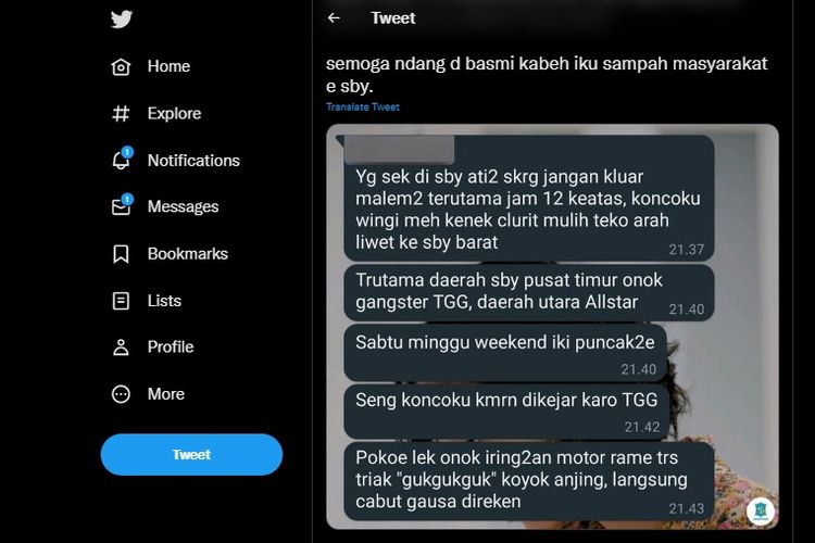 Ramai warganet di media sosial menyampaikan kekhawatirannya akan kabar gangster di Surabaya berkeliaran dan membawa senjata tajam di malam hari.