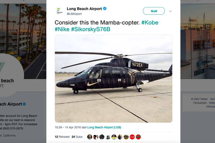 Akun Twitter Long Beach Airport pada 2016 mengunggah foto helikopter SIkorsky S-76B bernomor registrasi N72EX yang dipakai Kobe Bryant.