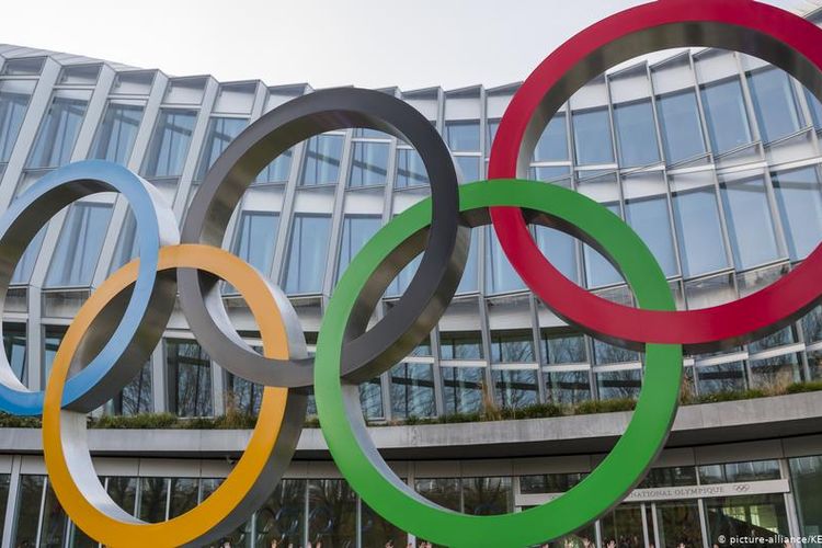 The Olympic Rings in the courtyard of the International Olympic Committee (IOC) headquarters in Lausanne, Switzerland