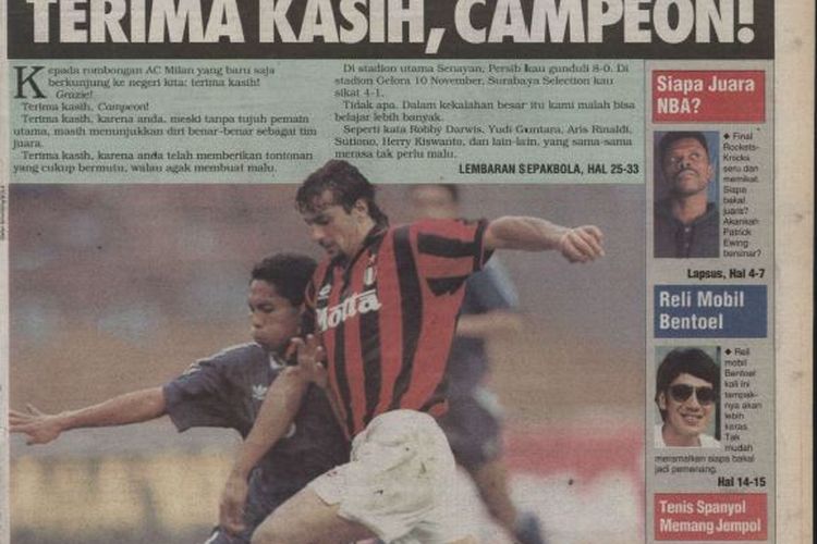 Headline Tabloid BOLA pada minggu kedua Juni 1994 menampilkan aksi Gianluigi Lentini saat memperkuat AC Milan kontra Persib di Jakarta.