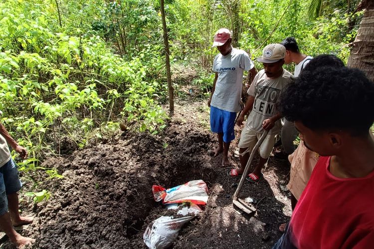 Warga sedang mengubur potongan tubuh Paus Melon yang terdampar di Perairan Kabupaten Alor, Nusa Tenggara Timur (NTT) 