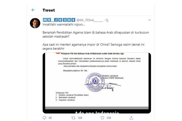 Tangkapan layar twit soal mata pelajaran Bahasa Arab dan PAI yang dipertanyakan