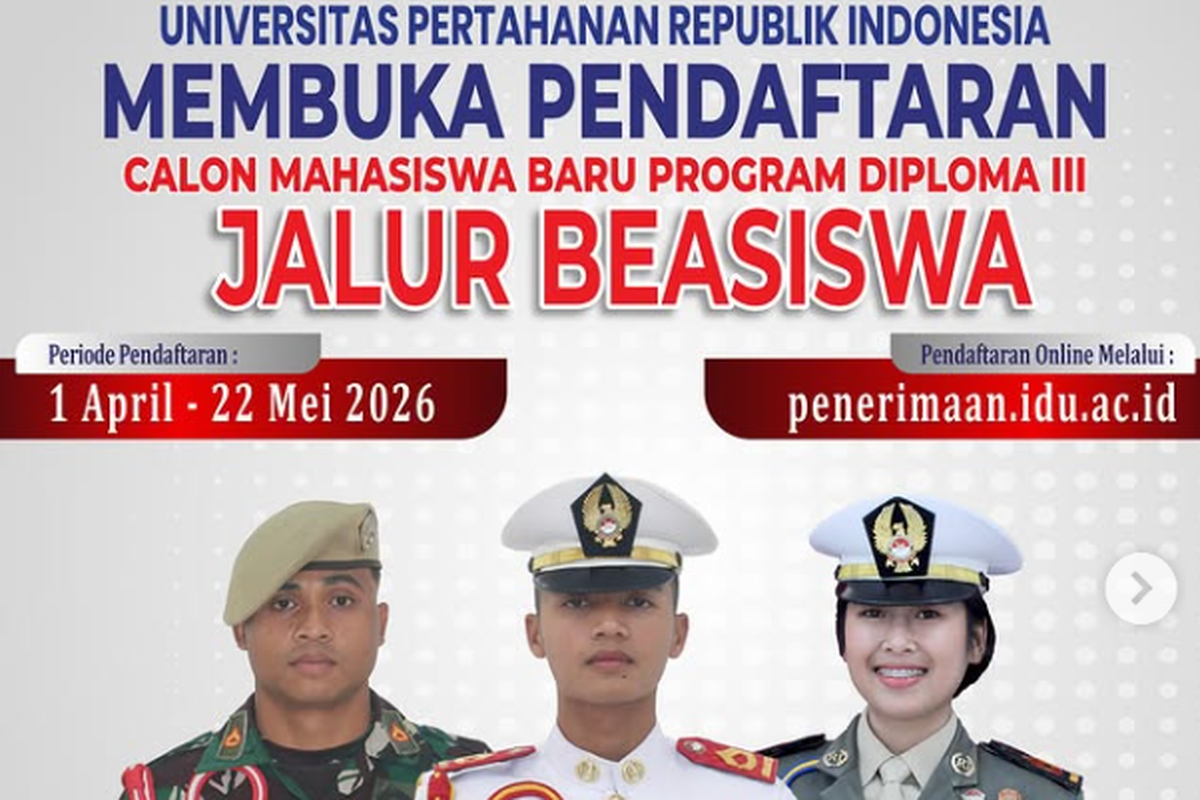 Beasiswa D3 Universitas Pertahanan Dibuka 1 April, Cek Jurusan dan Syaratnya