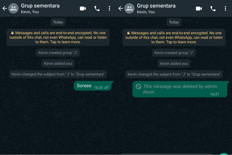 Anggota grup WhatsApp bisa melihat nama admin yang menghapus chat di grup.