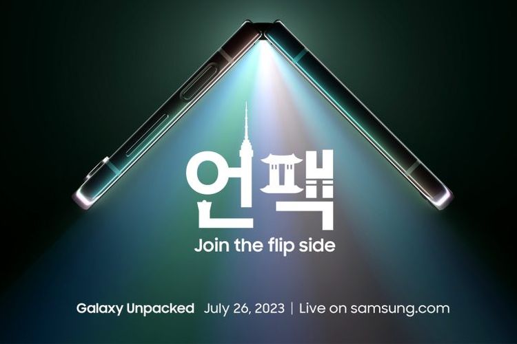 Poster Galaxy Unpacked 2023 yang menampilkan penampakan Galaxy Z Flip terbaru.
