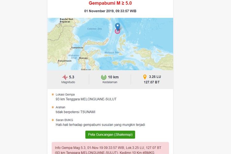 Gempa bumi 5,3 magnitudo yang mengguncang Melonguane, Sulawesi Utara