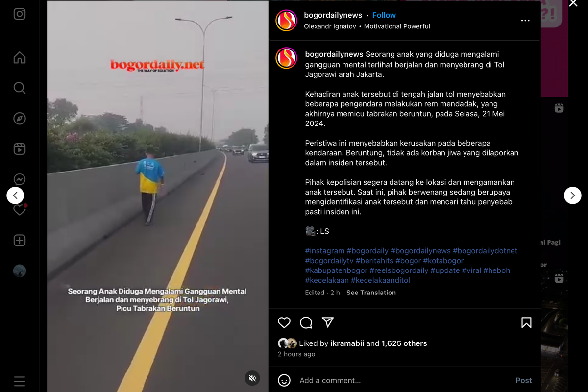 Anak kecil diduga punya gangguan mental menyeberang Jalan Tol Jagorawi, bikin tabrakan beruntun