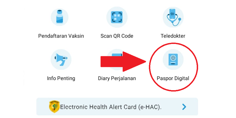 Menu paspor digital pada aplikasi PeduliLindungi. Menu ini akan memperlihatkan sertifikat bukti vaksinasi Covid-19 dan bukti hasil tes Covid-19.