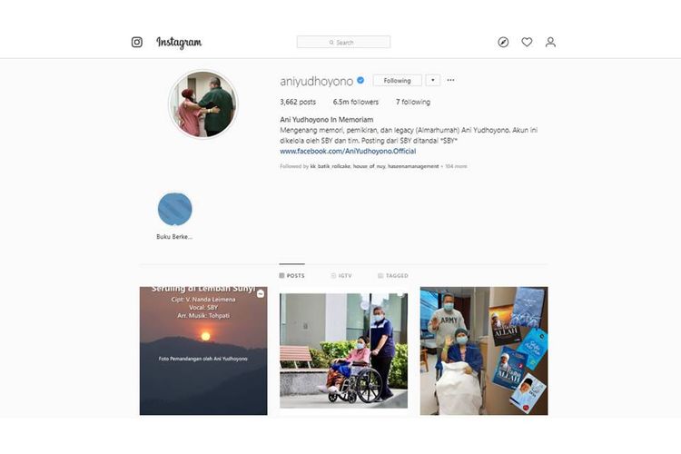 Instagram Ani Yudhoyono diaktifkan kembali, 1 Desember 2019, bertepatan dengan 6 bulan berpulangnya Ani.
