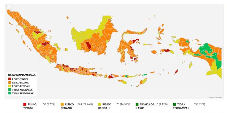 Peta zona risiko Covid-19 di Indonesia menurut data per 29 November 2020. Ada 50 wilayah dengan status zona merah.