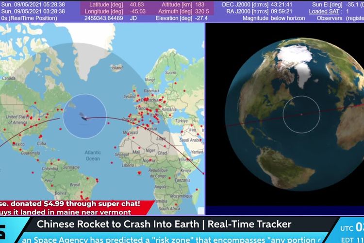 Tangkapan layar live streaming pelacakan Roket Long March 5B milik China dari kanal YouTube CosmoSapiens pada Minggu (9/5/2021)