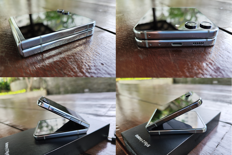 Desain Galaxy Z Flip 5 dari segala sisi, dalam kondsi terlipat dan kondisi setengah terlipat