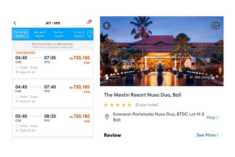 (Kiri-Kanan) Contoh Pemesanan Tiket Pesawat Melalui Aplikasi Lazada - Pemesanan Hotel Melalui Aplikasi Lazada. 