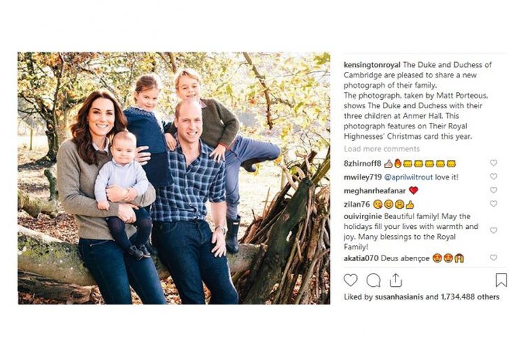 Foto yang menunjukkan keluarga yang terlihat amat bahagia ini, diambil oleh fotografer asal Inggris, Matt Porteous, dan diunggah dalam akun Instagram Istana Kensington.