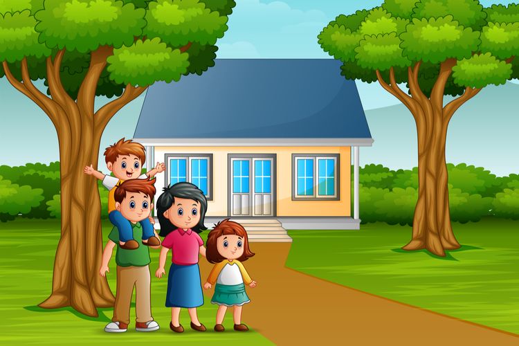 Ilustrasi keluarga dan bangunan rumah. Keluarga adalah lembaga sosial lembaga keluarga.
