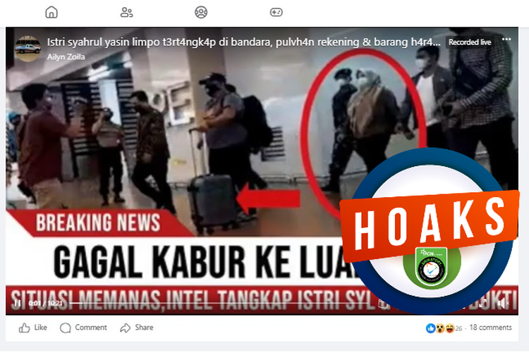 Tangkapan layar Facebook narasi yang menyebut istri Syahrul Yasin Limpo ditangkap di bandara saat mencoba kabur ke luar negeri