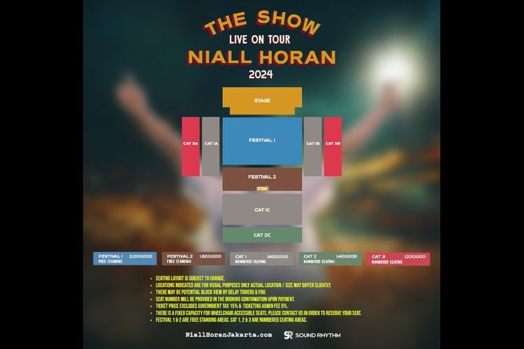 Harga tiket Konser Niall Horan, The Show Live On Tour 2024, yang akan berlangsung di Beach City International Stadium, Ancol, pada 11 Mei 2024.