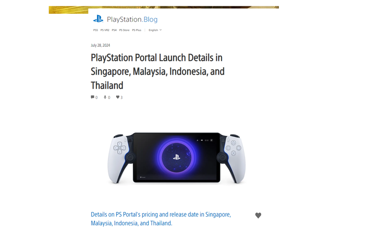 Halaman situs PlayStation Blog mengonfirmasi bahwa perangkat handheld PlayStation Portal akan diluncurkan di Indonesia.