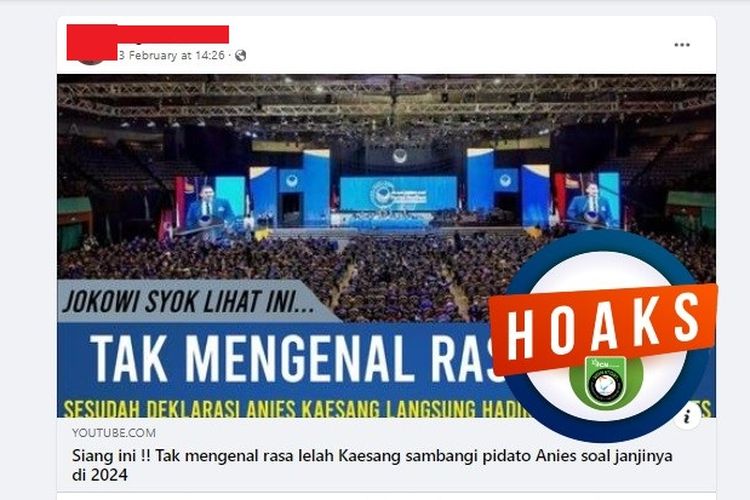 Tangkapan layar Facebook narasi yang menyebut Kaesang menghadiri acara kampanye Anies