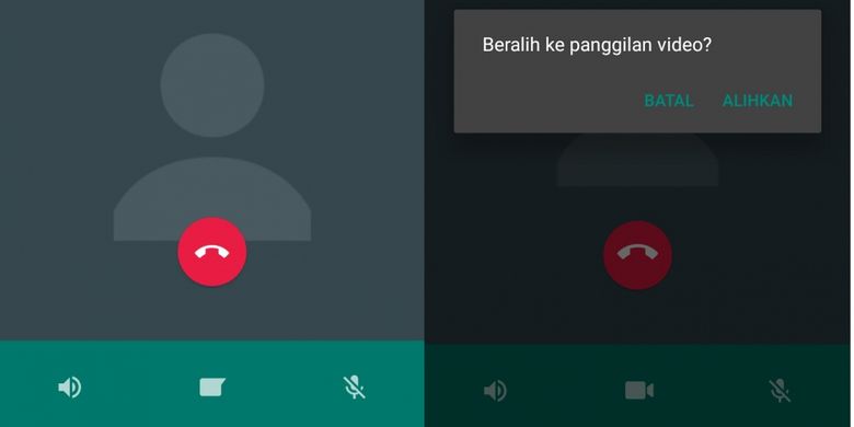 Fitur panggilan telpon di WhatsApp versi lama (kiri) dan versi baru (kanan) yang bisa dialihkan ke video call secara langsung. Ikon video call muncul di pembaruan 2.18.54