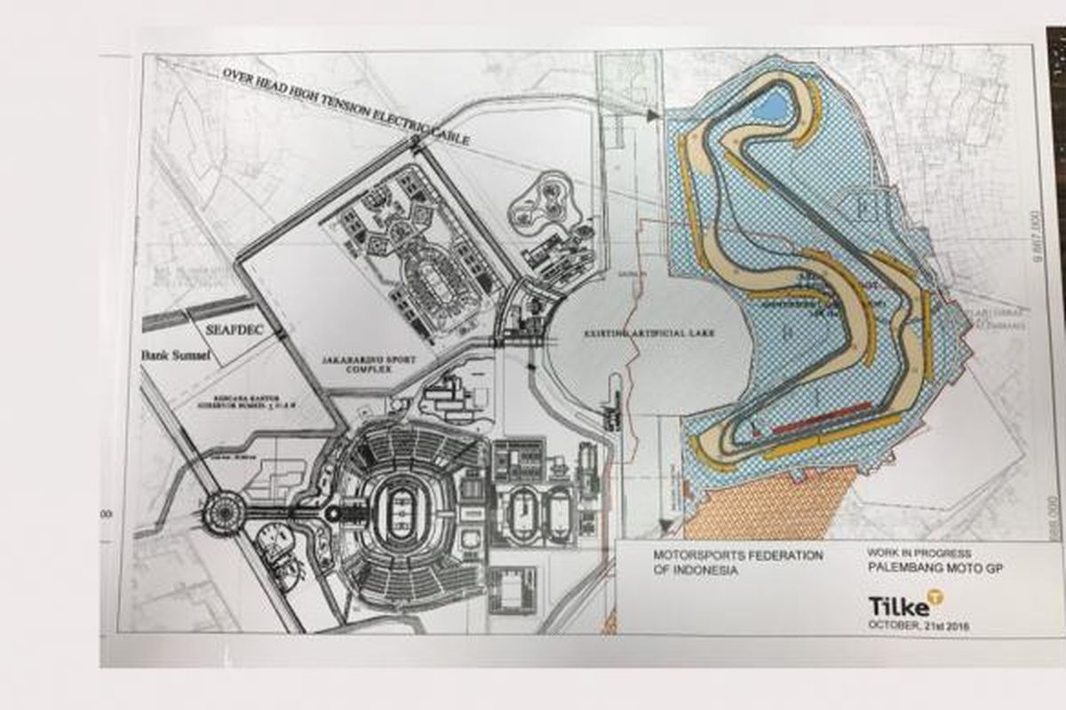 Denah rencana Sirkuit MotoGP di Jakabaring, Palembang, Sumatera Selatan. Sirkuit ini rencananya akan dibangun mulai 2017 dan bisa menjadi tuan rumah MotoGP pada 2018. Gambar diambil dalam pertemuan Gubernur Sumatera Selatan Alex Noerdin dan CEO Dorna, Carmelo Ezpeleta, dan Chief Designer Herman Tilke Gmbh & Co, Ulrich Merres, di Sepang, Malaysia, Sabtu (29/10/2016). Dorna adalah penyelenggara MotoGP Sepang, sementara Herman Tilke Gmbh & Co merupakan perancang sirkuit di Palembang.