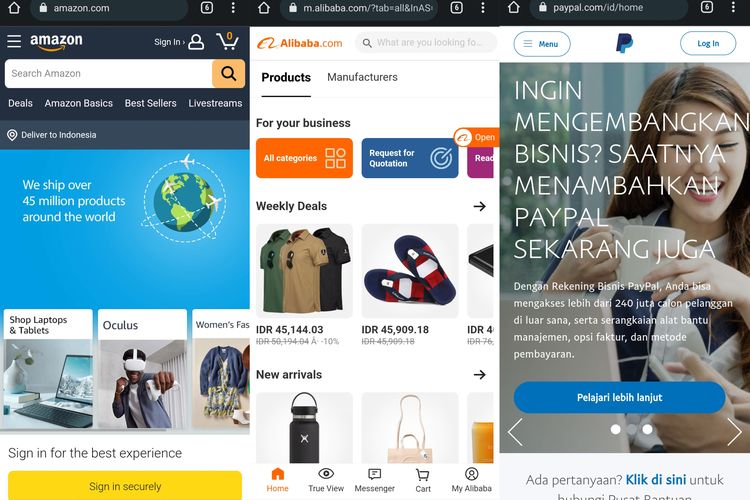 Situs Amazon.com, Alibaba.com, dan Paypal yang masih bisa diakses.