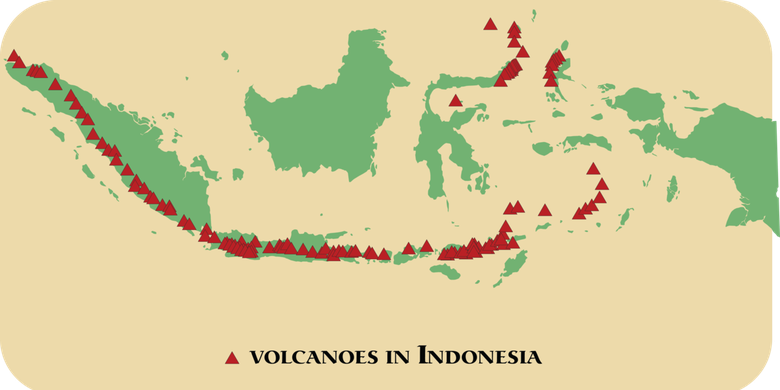 Peta gunung api di Indonesia. Hanya Pulau Kalimantan dan Pulau Papua yang tidak memiliki gunung api.