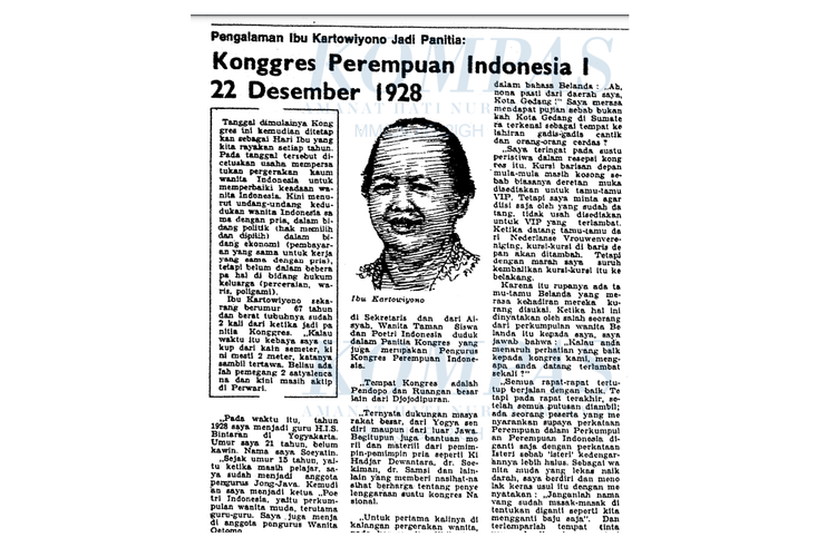 Tangkap layar artikel harian Kompas edisi 19 Desember 1974 berjudul Pengalaman Ibu Kartowiyono Jadi Panitia: Konggres Perempuan Indonesia I 22 Desember 1928. Gambar diambil pada 22 Desember 2021. 