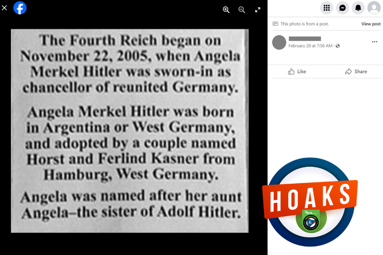 Tangkapan layar konten hoaks di sebuah akun Facebook, Selasa (20/2/2024), yang menyebutkan Angela Merkel merupakan anak perempuan Adolf Hitler.