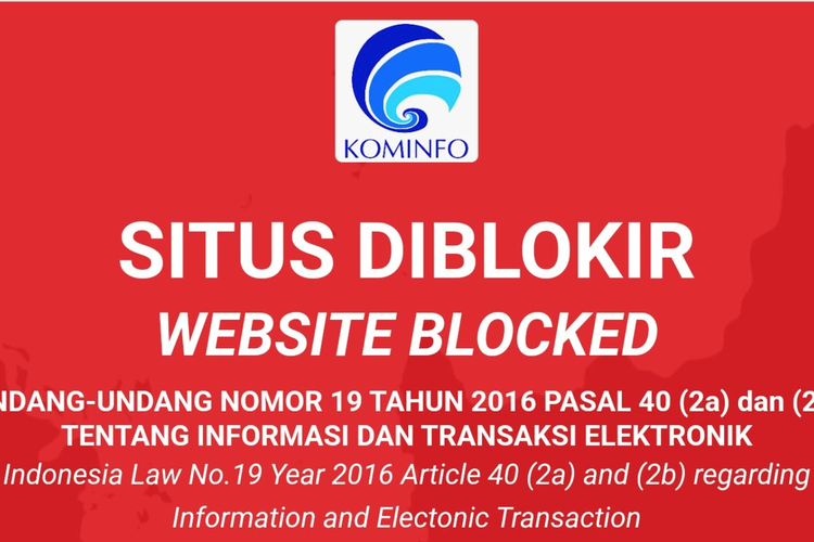 A screen grab from Indonesia's Communications and Information Ministry announcing some websites have been blocked.  