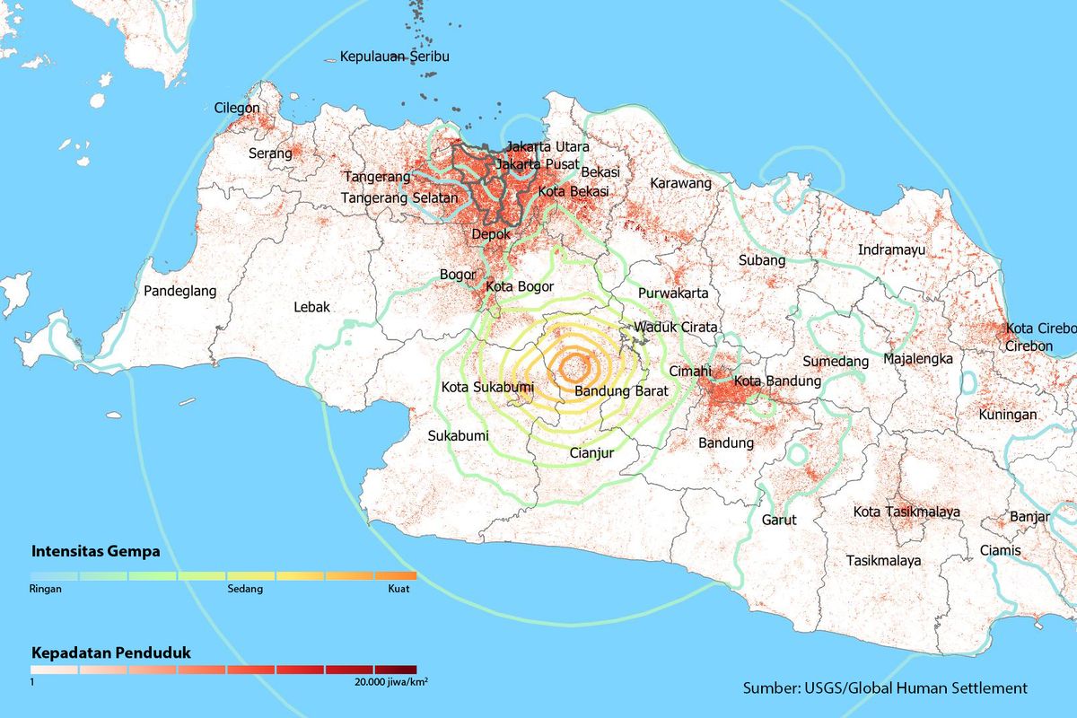 Peta intensitas gempa Cianjur pada 21 November 2022 dan kepadatan penduduk di sekitar lokasi pusat gempa.