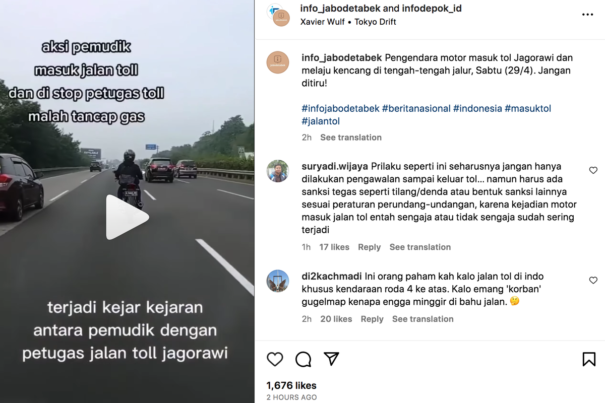 pengendara motor masuk tol jagorawi