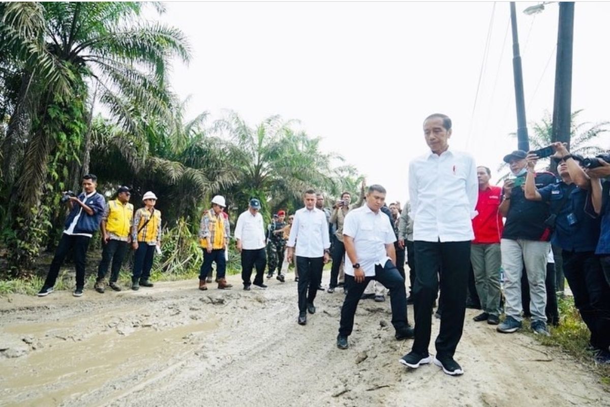 Presiden Joko Widodo saat meninjau jalan rusak di Kabupaten Labura, Sumut